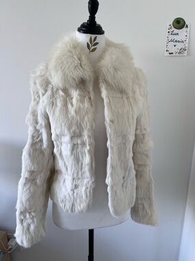 Vintage Cream White Real Rabbit Fur Jacket | Plush Fox Fur Collar Coat | S-M